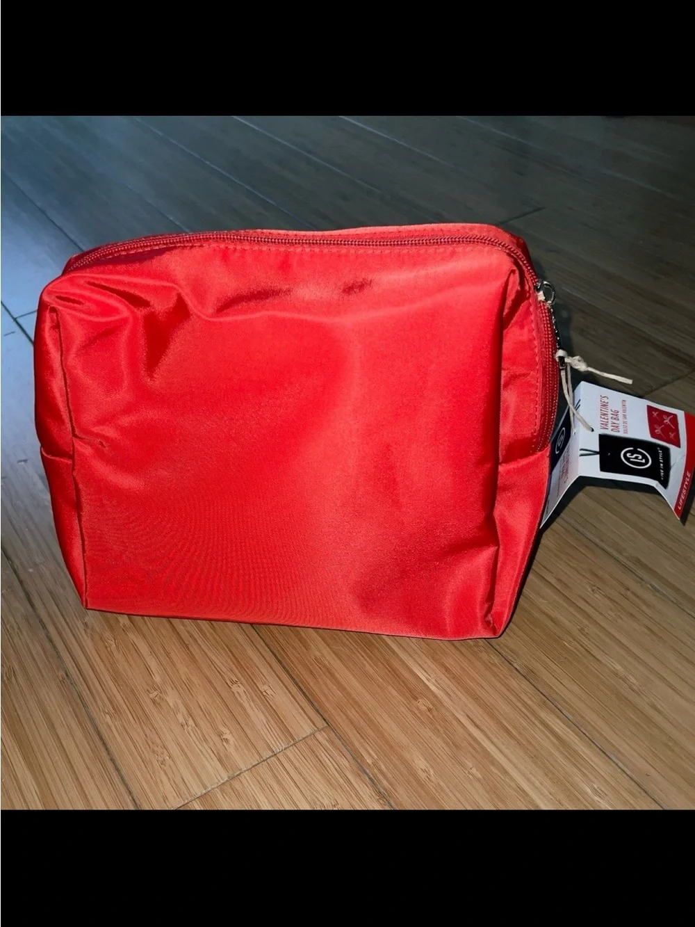 New red cosmetic bag with pink sequin bows